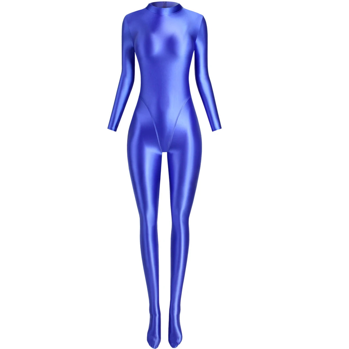 MJINM Glitter Shiny Satin High Stretch V-crotch Longsleeve Back Zipper Yoga Fitness Jumpsuit Bodysuit Playsuit Catsuit Homewear