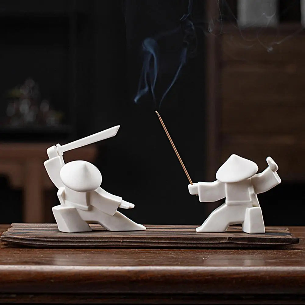 Incense Stick Burner Unique Delicate White Porcelain- Chinese Ceramic Samurai Censer Holder Home Decor Kung Fu Ceramic Sculpture
