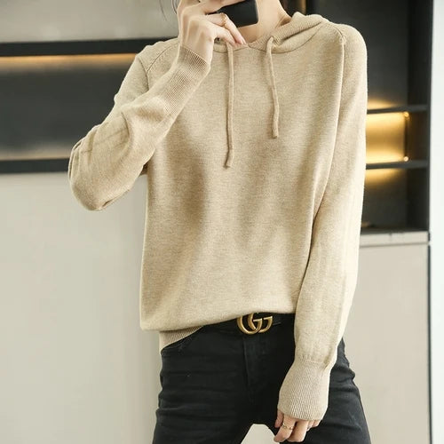 Women Sweater 2025 Autumn Winter Hooded Pullovers Long Sleeve Bottoming Shirts Loose Knitted Jumpers Solid Casual Ladies Sweater