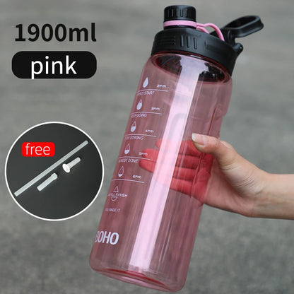 Fjbottle 2 Liter Water Bottle With Straw Large Portable Travel Bottles Sports Fitness Cup with Time Scale