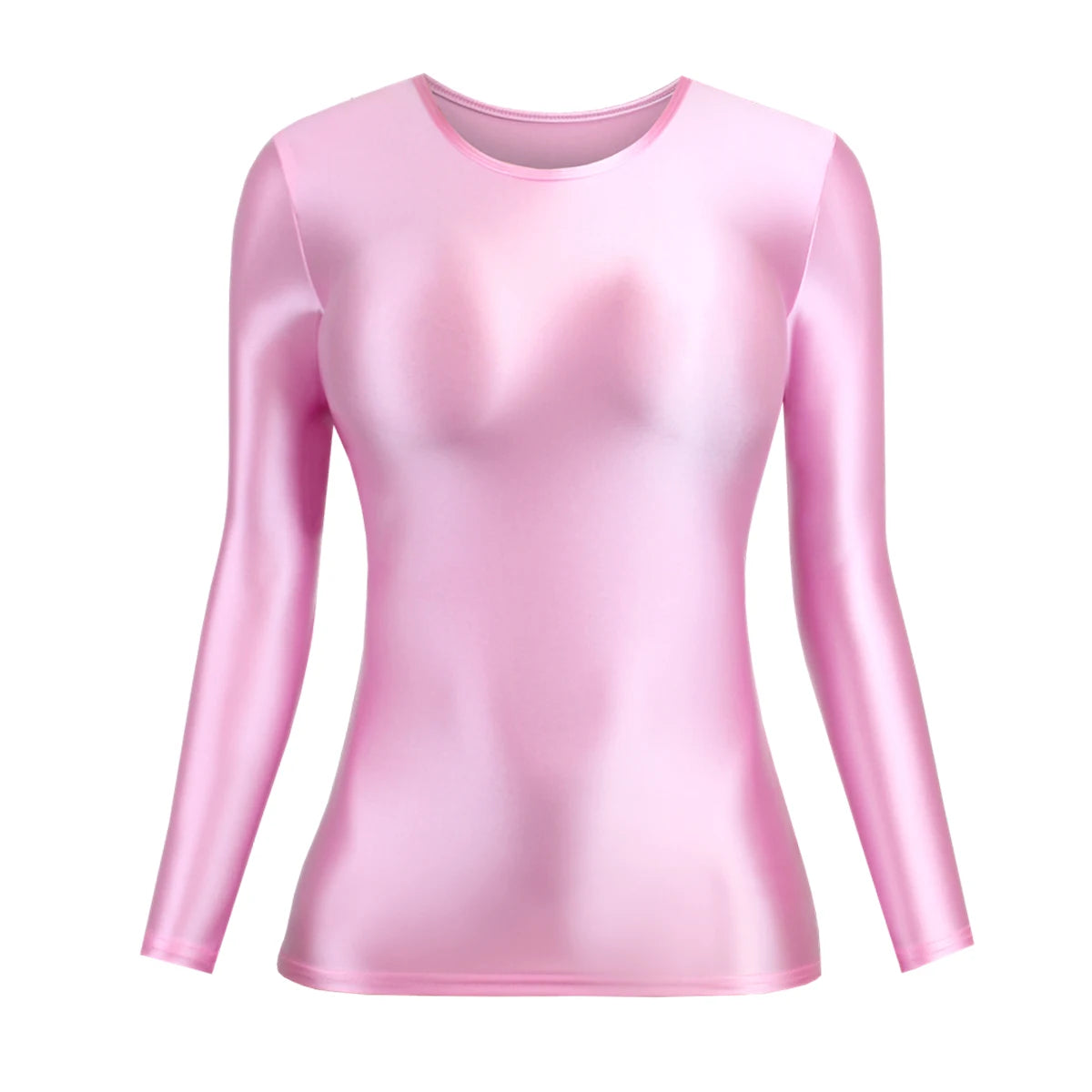 MJINM Glossy Satin Elastic Crewneck Longsleeve Breathable Tops Blouse Streetwear Sport Fitness Yoga Tees Casual Tight Undershirt