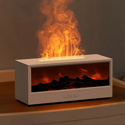 Simulated 3D flame aroma diffuser and humidifier, featuring colorful ambient lighting, remote control, and sonic technology
