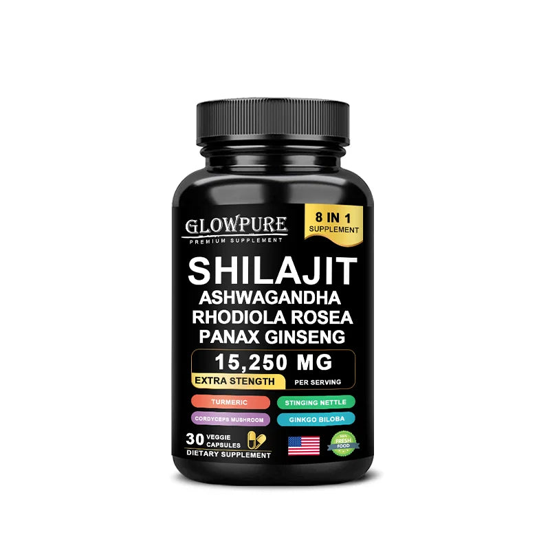 Shilajit Original Himalaya Supplements - 8 in 1 with Ginseng Ashwagandha for Brain, Memory, Concentration, Energy, Immune Health