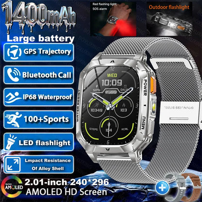 Outdoor military Smart Watch 1400mAh Battery Fitness Tracking 10ATM Waterproof Tactical Sports Flashlight Men's Phone Watches