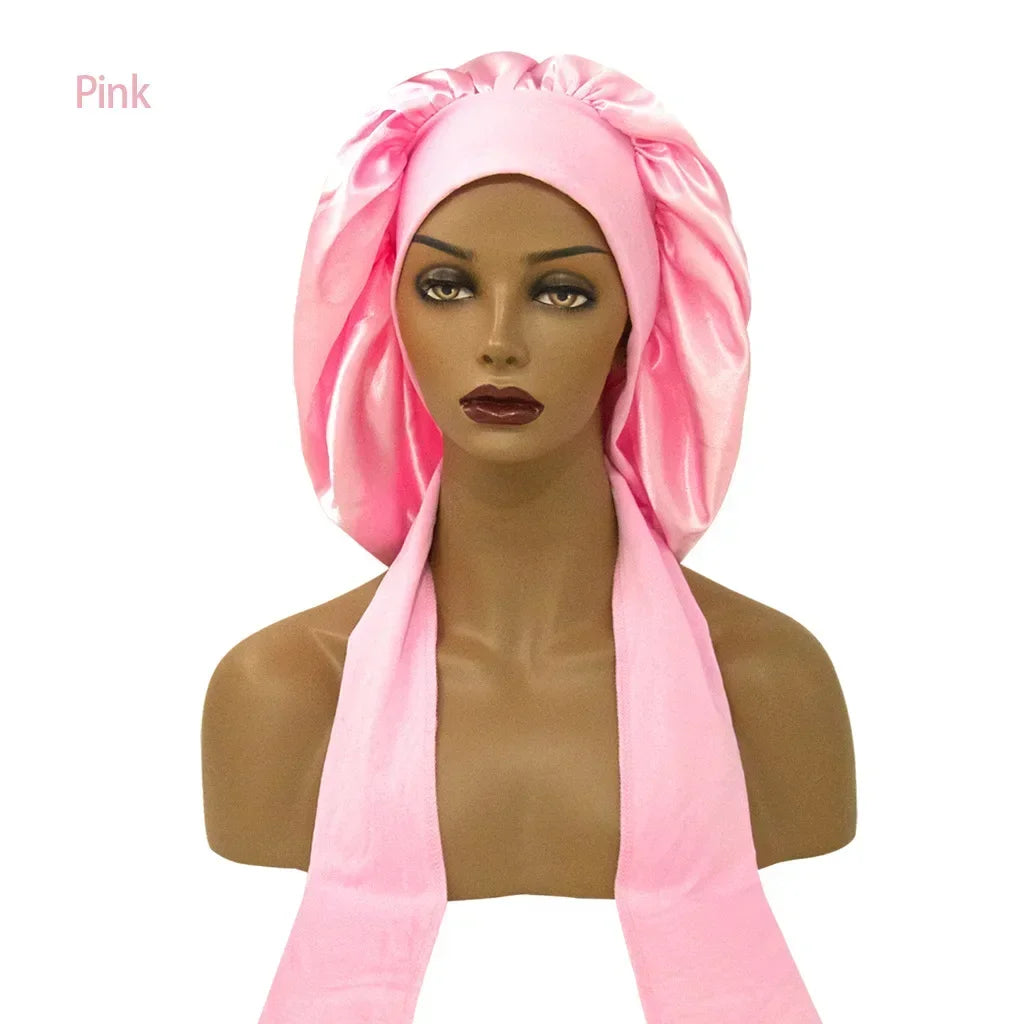 Women Satin Widened Sleep Hat Night Sleep Cap with Long Streamer Hair Care Bonnet Nightcap Elastic Cap De Nuit Shower Turban