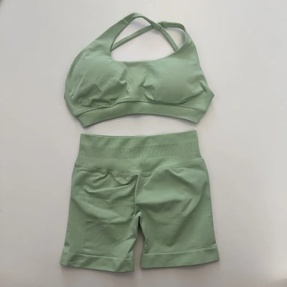 Yoga Asymmetric Gym Set Women Seamless Yoga Set Workout Shorts Sets Halter Sports Bra Scrunch Bum Shorts Fitness Clothes