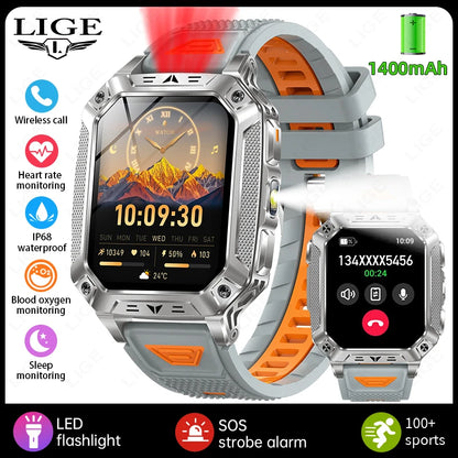 LIGE 1400mAh Large Capacity Battery Smart Watch Men Outdoor SOS Flashlight IP68 Sports Fitness Tracker Voice Calling Smartwatch