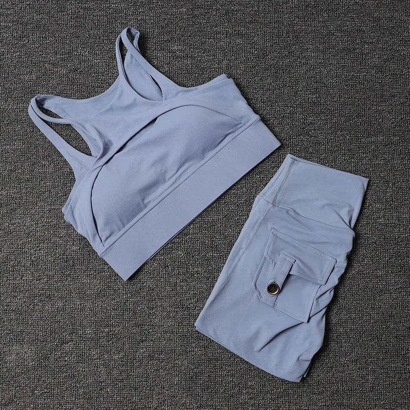 TRY TO BN Fitness Shorts Yoga Sports Bra Sets Women's Tracksuit Sportswear Workout High Waisted Leggings Cycling Gym Suit Pocket