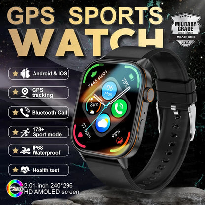 2025 New Outdoor Military GPS Smart Watch 2.01-inch AMOLED Screen BT Call 178+ Sport Mode IP68 Waterproof Smartwatches Man Women