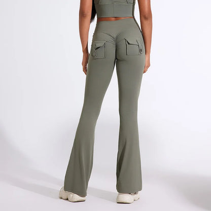 Workwear Pocket Pants, Women's Peach Bell Bottom Pants, Hip Lifting Sports Leggings, Fitness Pants, Micro Bell Bottom Pants