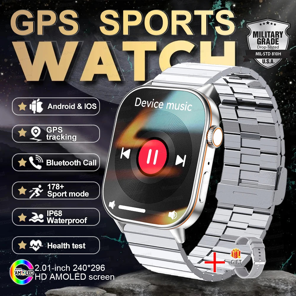 2025 New Outdoor Military GPS Smart Watch 2.01-inch AMOLED Screen BT Call 178+ Sport Mode IP68 Waterproof Smartwatches Man Women