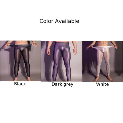 Men's Ultra Thin Oil Shiny Leggings Tight Elastic Sexy Transparent Pouch Underwear Pants Skinny Trousers Man Exotic Pants
