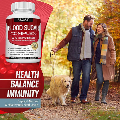 Blood Sugar Complex Supplement Balance Blend Complex for Men Women- Natural 20 Herbs and Vitamins with Cinnamon, Vegan Capsules