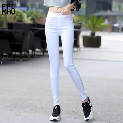 Women Spring Summer Elastic High Waist Pencil Pants Mother Gym Sport Basic Skinny Pantalon Korean Fashion Stretch White Leggings