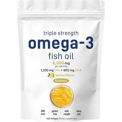 Triple Strength Omega 3 Fish Oil Supplements 4200mg Per Serving 120 Softgels Lemon Flavored Burpless EPA