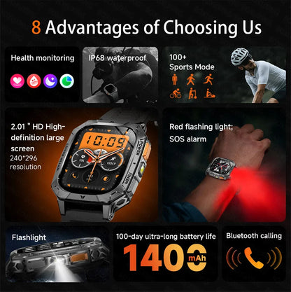 Outdoor military Smart Watch 1400mAh Battery Fitness Tracking 10ATM Waterproof Tactical Sports Flashlight Men's Phone Watches