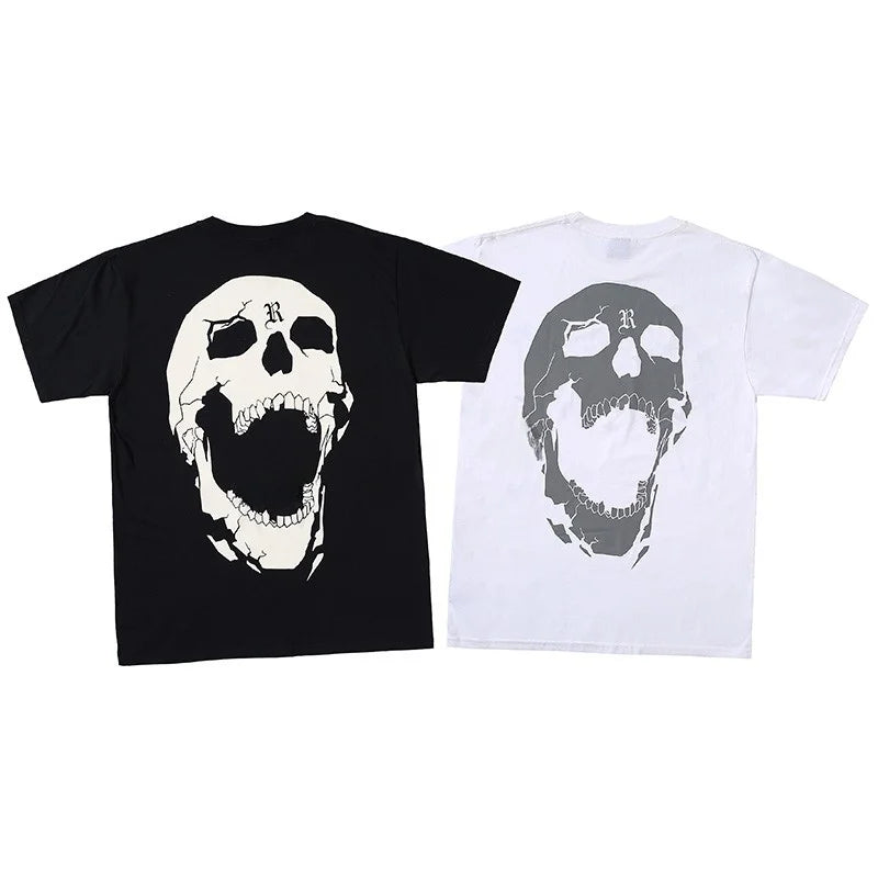 Dark Reflective Skull Bones Tee Short Sleeve Men's T-shirt Street Style Revenge Theme Youth Fashion Casual round Neck