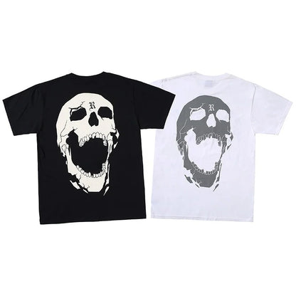 Dark Reflective Skull Bones Tee Short Sleeve Men's T-shirt Street Style Revenge Theme Youth Fashion Casual round Neck