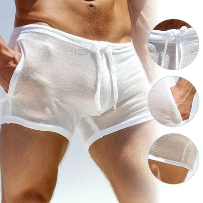 Sexy See Through Slim Shorts Men Seaside Beach Casual Solid Color Breathable Shorts Summer Men Leisure Sleepwear Fitness Shorts