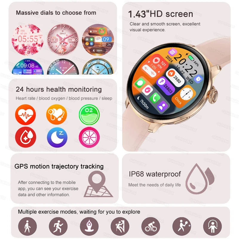 2026New Smart Watch Women 1.43"Ultra-thin AMOLED HD Screen Sport Fitness Bracelet Custom Watch Face Voice Call Ladies Smartwatch