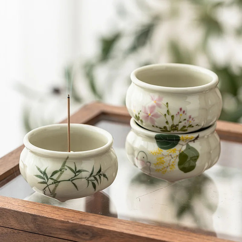 Emerald Green Asparagus Fern Three-Legged Incense Burner Home Indoor Chinese Zen Tea Set Ceramic Aromatherapy Stove Tea Ceremony