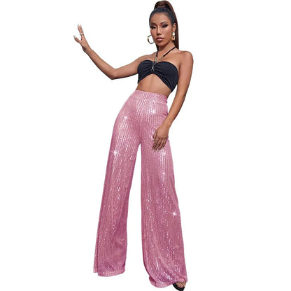 Vintage Bling Bling Sequined Pants Sexy Women High Waist Elegant Night Club Shiny Sequins Trousers