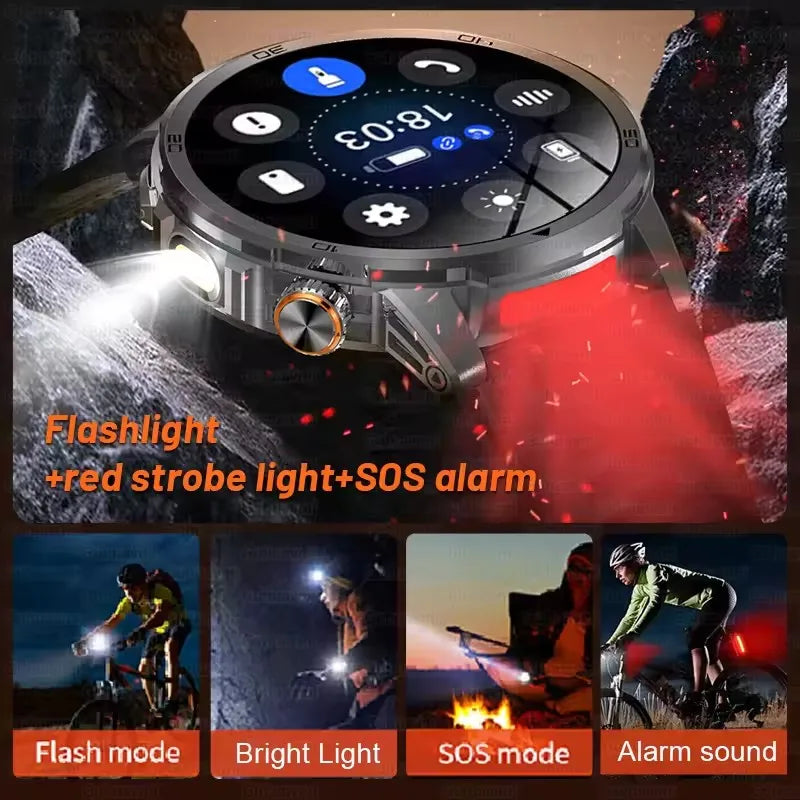 2026New Rugged Military Grade Smart Watch Men 1000mAh Large Battery Flashlight Waterproof Voice Call Sports Men Fitness Bracelet