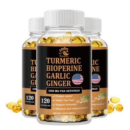 Curcumin, Ginger Root, Garlic Pills, Black Pepper Supplements - for Joint, Digestion & Immune Support