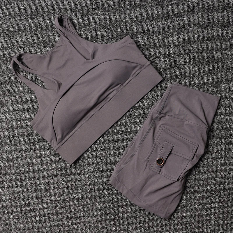 TRY TO BN Fitness Shorts Yoga Sports Bra Sets Women's Tracksuit Sportswear Workout High Waisted Leggings Cycling Gym Suit Pocket