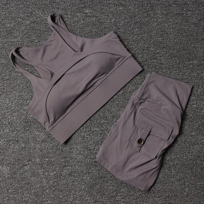 TRY TO BN Fitness Shorts Yoga Sports Bra Sets Women's Tracksuit Sportswear Workout High Waisted Leggings Cycling Gym Suit Pocket