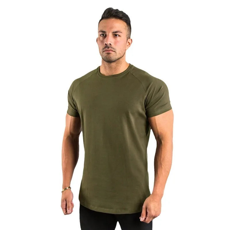 Men's T-shirt European Summer Fitness Sports Solid Cotton Elasticity Active Short-sleeved T-shirt Large Size M-2XL