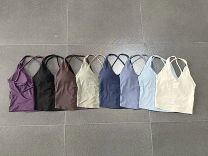 Sexy Cross Backless Sports Tank Tops with Cups Women Gym Clothing Sleeveless V-neck Fitness Active Vest Female Workout Slim Top