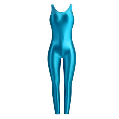 MJINM Glossy Spandex Smooth Stretch Sleeveless Bodybuilding Yoga Tight Vest Footless Leggings Jumpsuit Bodysuit Catsuit Playsuit