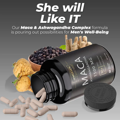 Organic Maca Root Powder Capsules 1500mg containing  Maca Root Extract,Ashwagandha,Black Pepper, Supplements for Men