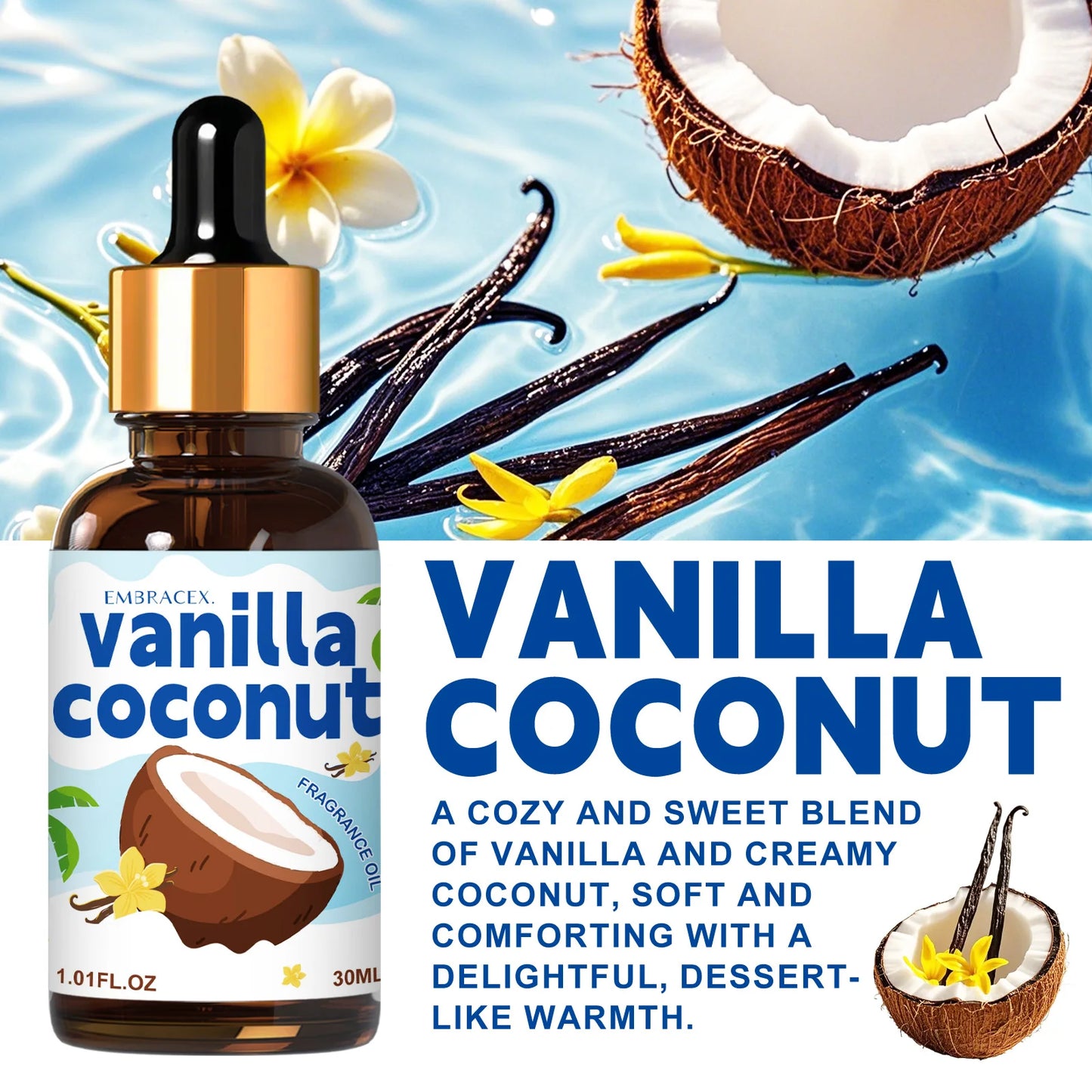 30ml Vanilla coconut Essential Oil For Diffusers, Car Air Freshener Oil  DIY Projects,candle making Long Lasting Scent，Gifts