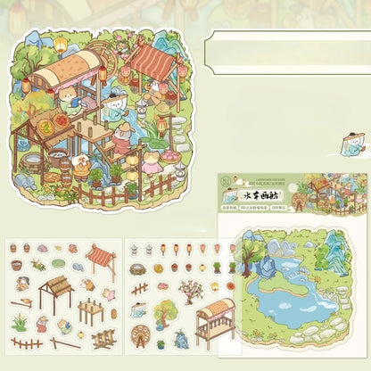 Rertro Cute Cartoon Chinese Courtyard 3D Sticker Set DIY Garden Miniature Diorama Decals Landscape Stickers for Journaling