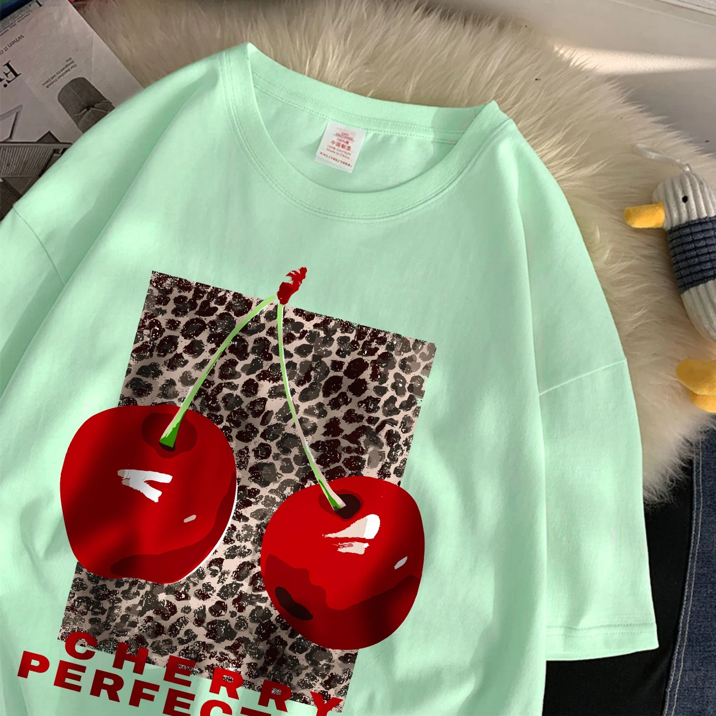 Cherry perfection T Shirt Women Leopard Prints Oversize Cotton T-Shirts Casual O-Neck Short Sleeve Tops Summer Woman Clothes