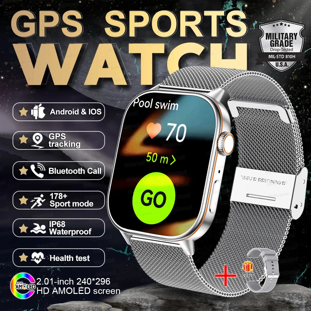 2025 New Outdoor Military GPS Smart Watch 2.01-inch AMOLED Screen BT Call 178+ Sport Mode IP68 Waterproof Smartwatches Man Women