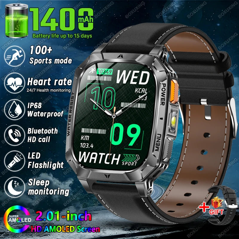 2026 New 1400 mAh Battery Military Grade Smart Watch Men IP68 Waterproof 100+ Sports Modes Bluetooth Call AMOLED HD Smartwatches