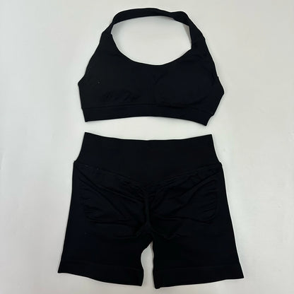 Yoga Shorts Sets Seamless Yoga Set Women 2Pcs Halter Sports Bra Scrunch Butt Gym Shorts Set Workout Clothes Summer Sportswear