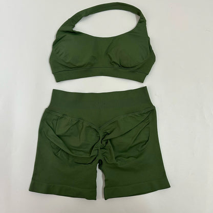 Yoga Shorts Sets Seamless Yoga Set Women 2Pcs Halter Sports Bra Scrunch Butt Gym Shorts Set Workout Clothes Summer Sportswear