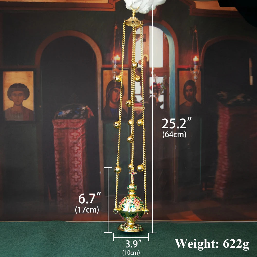 HTISOK Orthodox Incense Burner Gold Plated Censer with Enamel Home Hanging Incense Charcoal Burner Church Sacrificial Supplies