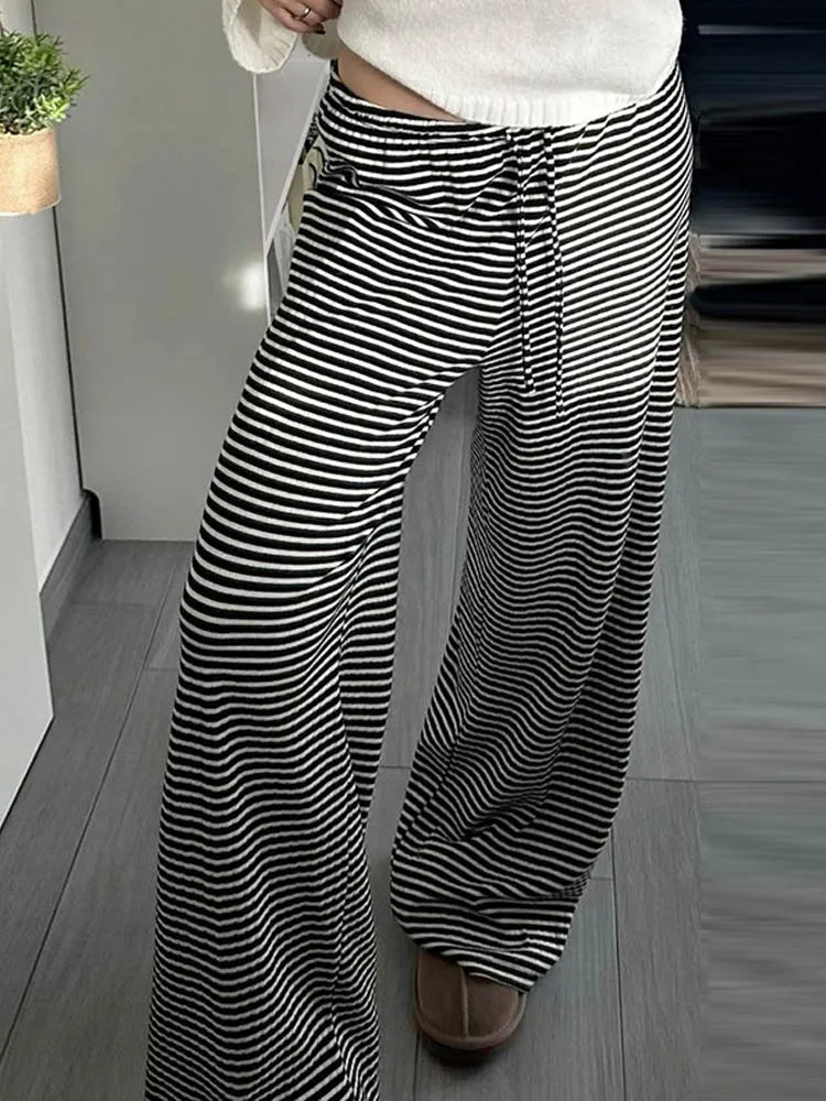 Women's Stripe Drawstring Low Waist Sweatpants Casual Elastic Baggy Straight Leg Pants Loose Fit Summer Streetwear Trousers
