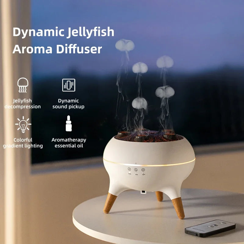 Dynamic Jellyfish Aroma Diffuser, Sound-Activated Mist, Colorful Lights, Remote Control, 2 Timers for Home Office