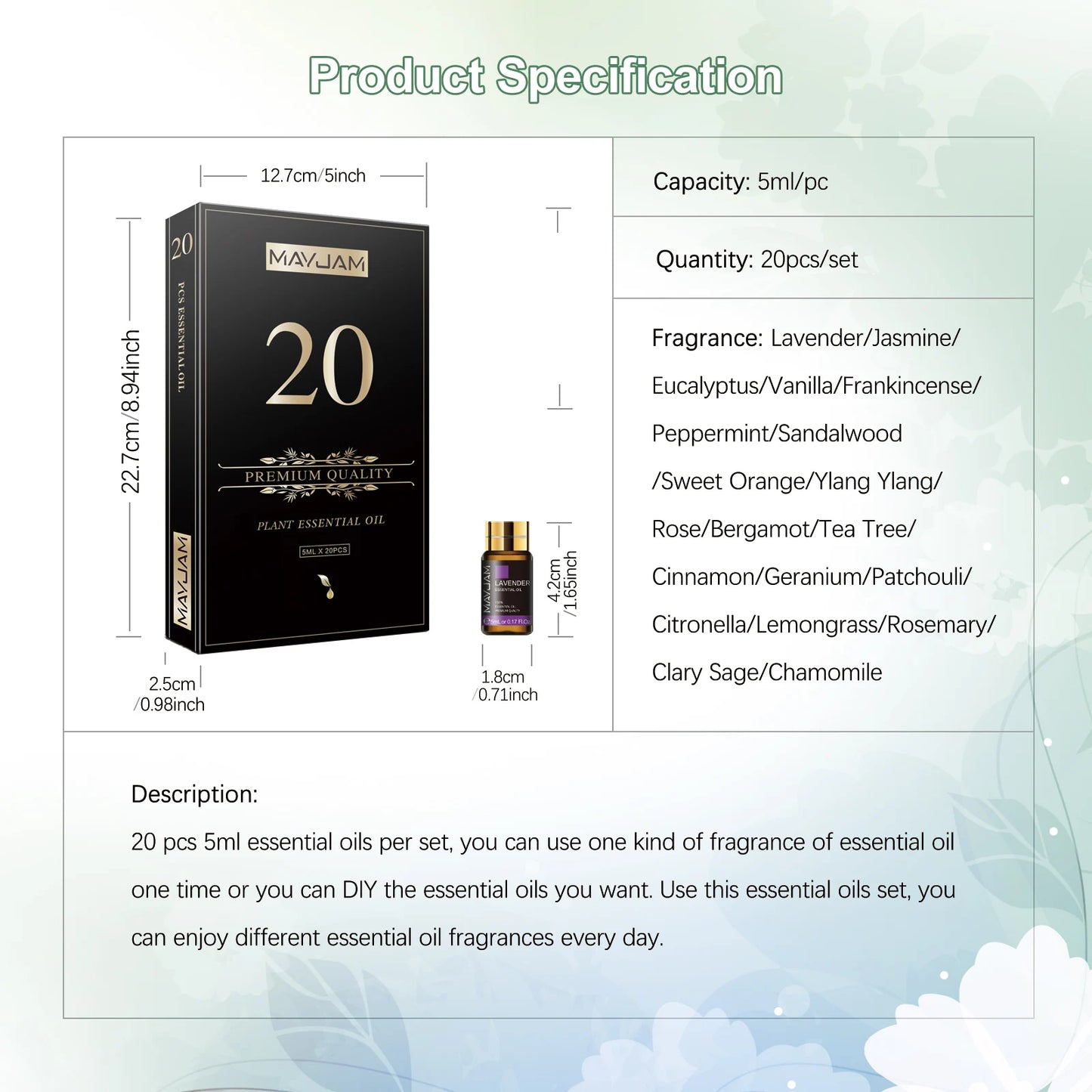 MAYJAM 20 Bottles Essential Oils Set for Humidifier Aroma Diffuser Lavender Jasmine Eucalyptus Vanilla Sandalwood Fragrance