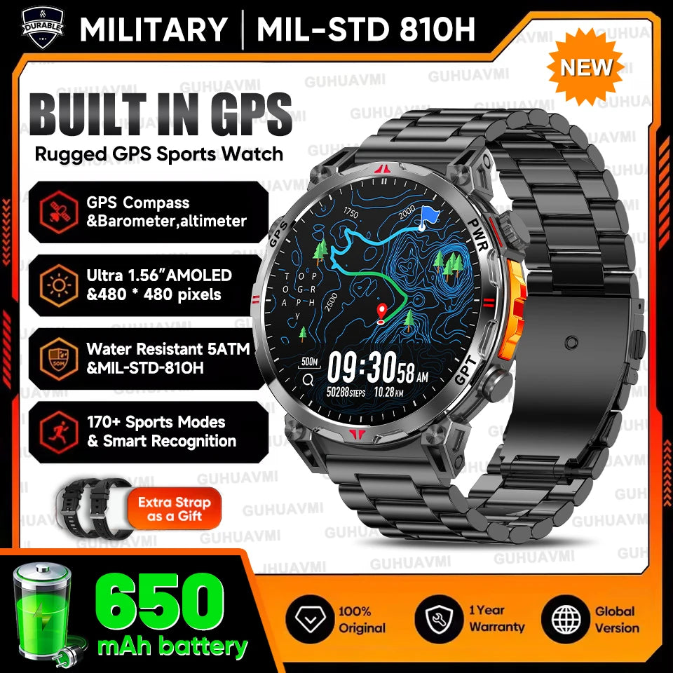 2026 Outdoor GPS Sports Smart Watch Men Built in GPS Compass 5ATM Waterproof Bluetooth Call HD AMOLED Screen Fitness Smartwatch