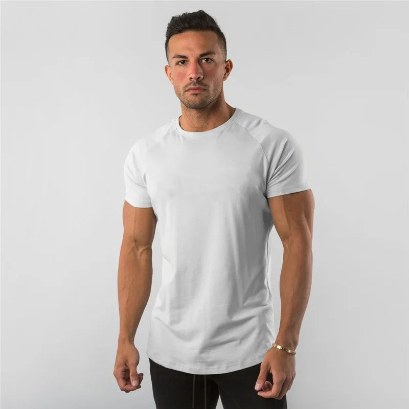 Men's T-shirt European Summer Fitness Sports Solid Cotton Elasticity Active Short-sleeved T-shirt Large Size M-2XL