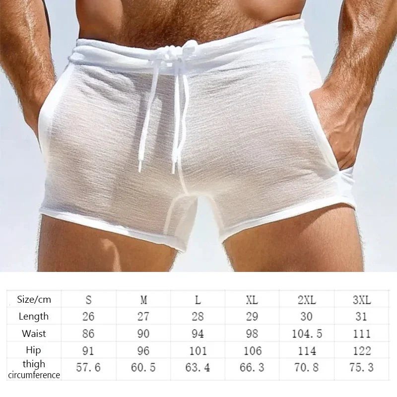 Sexy See Through Slim Shorts Men Seaside Beach Casual Solid Color Breathable Shorts Summer Men Leisure Sleepwear Fitness Shorts