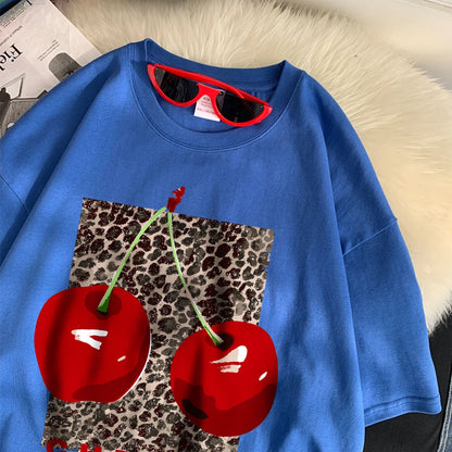 Cherry perfection T Shirt Women Leopard Prints Oversize Cotton T-Shirts Casual O-Neck Short Sleeve Tops Summer Woman Clothes