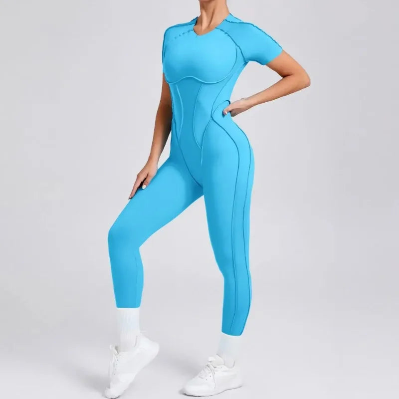 Seamless Yoga Jumpsuits Sports Fitness Combination Hip-lifting Open Back Short-sleeved Set Outdoors Gym Workout Tracksuits Women